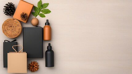 Poster - Overhead view of assorted storage containers and organizers including cardboard file boxes woven rattan baskets and sleek metal racks displayed on a light wood table or floor  Minimal