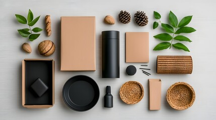 Poster - Overhead view of diverse storage containers and organizers including cardboard boxes wicker baskets and metal trays neatly arranged on a pale wood surface