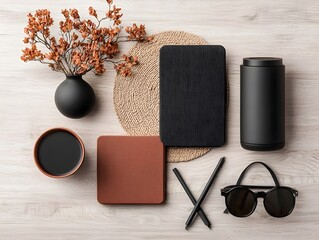 Poster - Overhead view showcasing a curated collection of versatile storage containers in a variety of materials and forms thoughtfully positioned on a warm wooden tabletop  Cardboard wicker