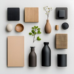 Poster - Overhead view showcasing a variety of cardboard wicker and metal storage containers neatly displayed on a light wooden surface embodying a clean and organized lifestyle with a high contrast