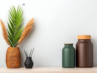 Poster - photographic image showcasing a neatly organized collection of modern home decor storage solutions made from cardboard wicker and metal displayed on a light wooden table for a minimalist