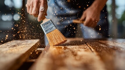 Poster - A hand splashes vibrant paint on a rustic wooden surface, showcasing a dynamic process of creativity and the joyful messiness of artistic expression in woodworking.