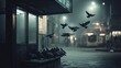 © Lesuna - Night flight Pigeons taking flight near city bus stop