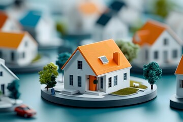 Poster - rendering of a housing development with several muted white houses surrounding a prominent vibrant o