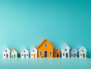 Poster - serene showcasing a row of modest white houses with one vibrant orange dwelling commanding attention