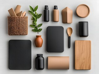 Poster - Stylish and functional flat lay arrangement showcasing a variety of storage containers made from different materials such as cardboard wicker and metal in various sizes and designs