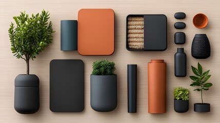 Poster - Stylish and Versatile Storage Solutions for Organized Home Spaces A Flat Lay Showcasing a Variety of Containers in Diverse Shapes and Textures Including Cardboard Wicker