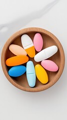 Poster - Mindful Medication Management Minimalist Wooden Bowl with Colorful Wellness Supplements - Holistic Health Optimization for Modern Wellness Consumers