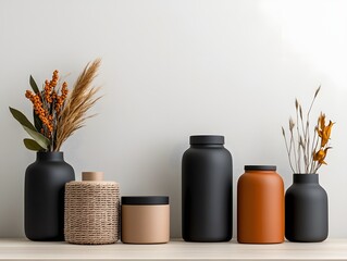 Poster - Stylish flat lay capturing a selection of artisanal storage containers in diverse shapes and textures including cardboard woven wicker and sleek metal pieces