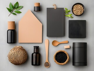 Poster - Stylish flat lay capturing a selection of artisanal storage containers in diverse shapes and textures  including cardboard  woven wicker  and sleek metal pieces