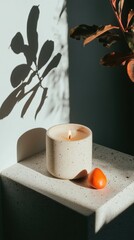 Poster - Minimalist Mindfulness Ceramic Candle and Organic Tangerine on Textured Terrazzo - Contemporary Wellness Styling for Mindful Living Spaces and Sensory Branding