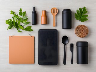 Poster - Stylish flat lay composition featuring an array of storage containers in various natural materials such as cardboard wicker and metal neatly arranged on a light wooden surface