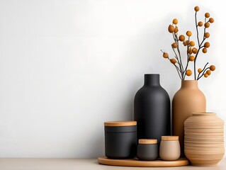 Poster - Stylish flat lay displaying a variety of storage containers in cardboard wicker and metal pieces in diverse shapes and sizes showcasing versatile storage solutions for an organized home