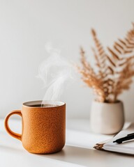 Aufkleber - Minimalist Productivity Sanctuary Warm Ceramic Mug and Dried Fern - Serene Work-from-Home Aesthetic for Digital Wellness Entrepreneurs