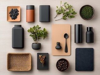 Poster - Stylish flat lay featuring an assortment of storage containers in diverse shapes textures and materials including cardboard wicker and metal pieces