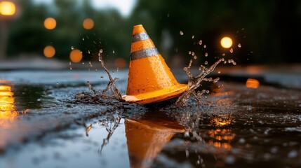 Poster - This captivating image shows water splashing around an orange traffic cone, focusing on the dynamics of movement and the interplay between water and urban elements.