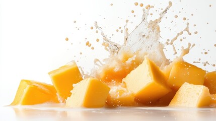 Poster - An artistic depiction of cheese cubes splashing in creamy liquid, emphasizing the vibrant colors and textures while symbolizing playfulness and culinary delight.