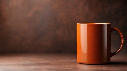 Poster - A sleek orange ceramic mug perfectly positioned against a warm background highlights its smooth texture and modern design, adding a touch of sophistication to any setting.