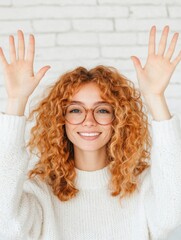Poster - Vibrant Gen Z Workplace Wellness Joyful Curly-Haired Professional in Soft Knit Sweater Expressing Playful Digital Connection and Inclusive Millennial Energy