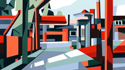 Poster - Urban landscape featuring a unique fragmented abstraction of a modern city with diverse buildings and lush green trees in harmony.