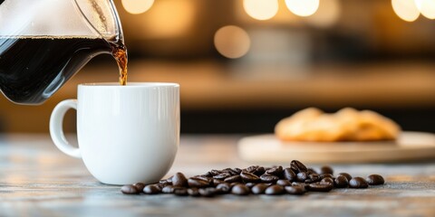 Leinwandbilder - Mindful Morning Ritual Artisanal Coffee Pouring with Soft Bokeh - Wellness-Driven Lifestyle Content for Millennial Productivity and Sensory Experience