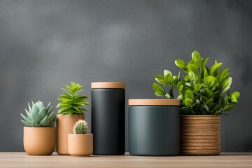 Poster - Varied collection of storage receptacles in an array of forms and materials such as cardboard wicker and metal staged in a chic uncluttered flat lay arrangement on a light wooden surface