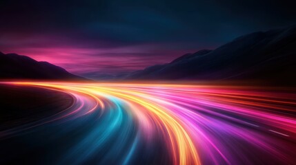 Poster - A mesmerizing long exposure image showcasing abstract light trails curving along a scenic path, conveying emotion through vibrant colors and dynamic motion in the night.