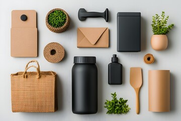 Poster - Variety of storage containers including cardboard wicker and metal pieces captured in a minimalist flat lay composition on a light wooden tabletop