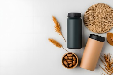 Poster - Variety of storage containers including cardboard wicker and metal pieces captured in a minimalist flat lay composition providing functional and stylish storage solutions for a serene