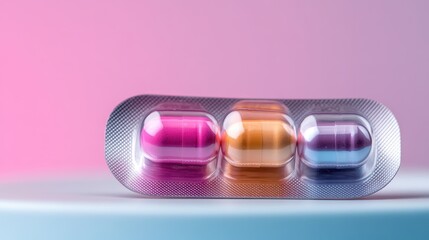 Poster - This contemporary image depicts a blister pack filled with vibrant capsules, featuring a playful blend of colors against a soft, soothing backdrop, ideal for health-related graphics.