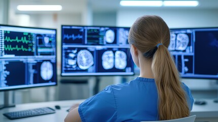 Poster - A healthcare professional analyzes medical data displayed on multiple screens in a modern, high-tech environment, health info records management.