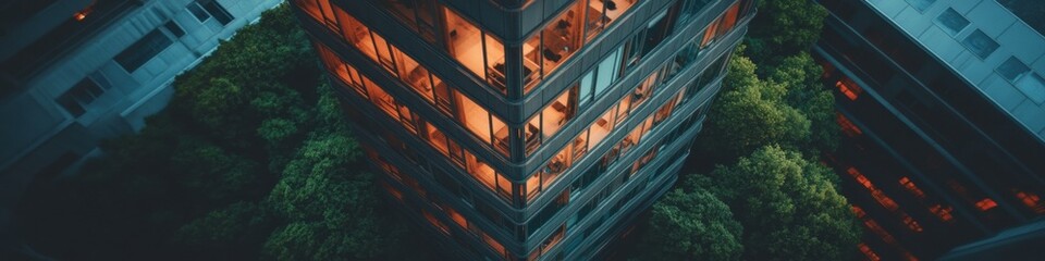 Leinwandbilder - Urban Architectural Innovation Modern Glass Office Tower with Warm Illumination, Sustainable Design, and Verdant Urban Ecosystem - Next-Gen Corporate Workspace Visualization