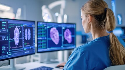 Poster - a healthcare professional monitors brain scans on dual screens in a modern medical setting, showcasi