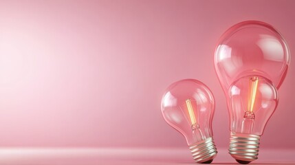 Poster - Three artistic light bulbs emit a warm glow against a soft pink background, symbolizing ideas and creativity in a visually stunning display that inspires imagination and innovation.