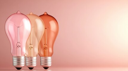 Poster - This artistic image showcases three elegant light bulbs in shades of pink, peach, and orange, set against a soft pastel background, highlighting creativity and warmth.