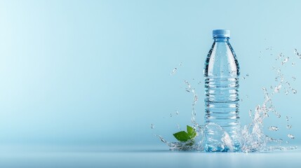Poster - A water bottle splashes against a soft blue background, creating a refreshing vibe of calmness and clarity, ideal for marketing wellness products and healthy living.