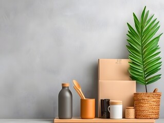 Poster - Visually Appealing Assortment of Home Storage and Organizational Accessories Including Cardboard Boxes Wicker Baskets and Metal Shelves on a Wooden Tabletop