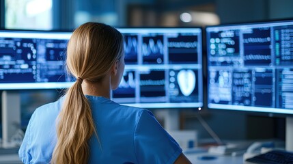 Poster - A healthcare professional analyzes patient data on multiple monitors, surrounded by advanced technology in a clinical setting, health info records management.