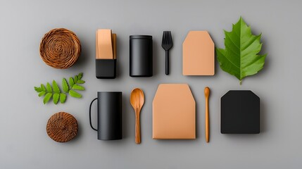 Poster - Visually Appealing Flat Lay Composition Highlighting Practical Storage Solutions with Diverse Containers Made of Cardboard Wicker and Metal Components Meticulously Arranged in a Warm
