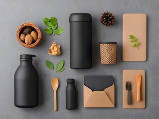 Poster - Visually Appealing Flat Lay Composition of Assorted Cardboard Wicker and Metal Storage Containers in Various Sizes and Forms Arranged on a Light Wooden Table for a Sleek Home Organization Display