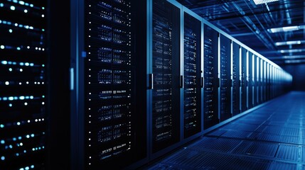 Aufkleber - Futuristic data center hallway with illuminated server racks and sleek flooring in a blue-lit environment. Suitable for tech blogs, cloud services, and IT infrastructure visuals