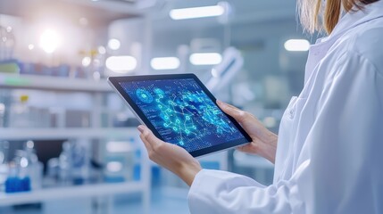 Poster - A scientist in a lab holds a tablet displaying digital data and graphics, showcasing technology and research in a modern scientific environment, health info records management.