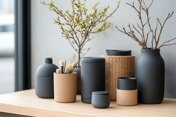 Poster - Visually harmonious and practical home organization solution showcased in a grid like arrangement of diverse storage containers in cardboard wicker and metal displayed on a light wooden tabletop