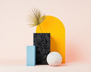 Leinwandbilder - Minimalist Color Block Wellness Design Soft Pastel Geometric Composition with Tropical Botanical Elements - Contemporary Creative Marketing Visualization