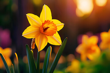 Wall Mural - Radiant yellow daffodil flowers blossom in an eco-friendly farm, their vivid hues enhanced by sunset light. Copy space.