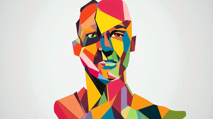 Poster - Abstract representation of a man with a colorful face created using angular geometric shapes in a fragmented, artistic style for visual impact.