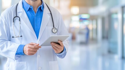 Poster - A medical professional in a lab coat holds a tablet in a modern healthcare setting, emphasizing technology in medicine, health info records management.