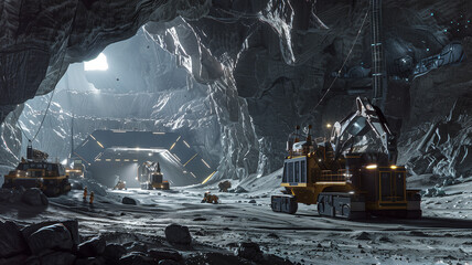 Poster - This Heavy machinery extracts valuable materials from the surface of an asteroid in space.