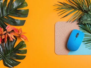 Leinwandbilder - Tropical Workspace Innovation Ergonomic Blue Wireless Mouse on Cork Pad with Vibrant Botanical Backdrop - Eco-Friendly Tech Styling for Modern Professionals