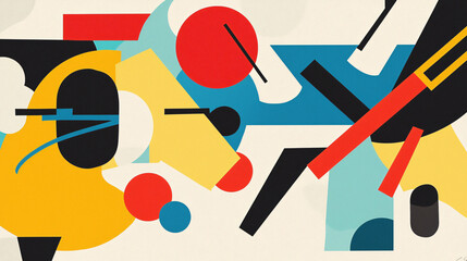Fototapete - An eye-catching painting featuring different shapes in a fragmented overlapping composition of bold colors and dynamic artistic expression.